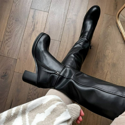 Leather Round Toe Platform Knee Boots