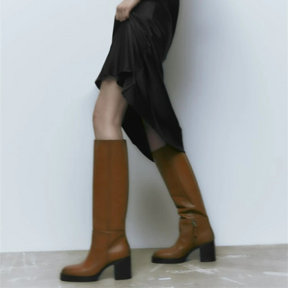 Leather Round Toe Platform Knee Boots