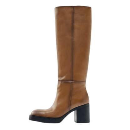 Leather Round Toe Platform Knee Boots