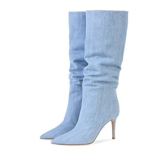 Denim Leather Boots With Heels For Women