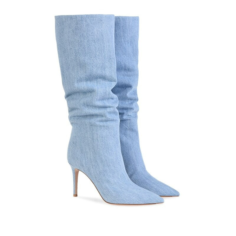 Denim Leather Boots With Heels For Women