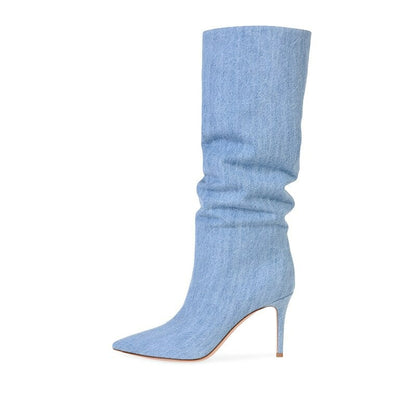 Denim Leather Boots With Heels For Women