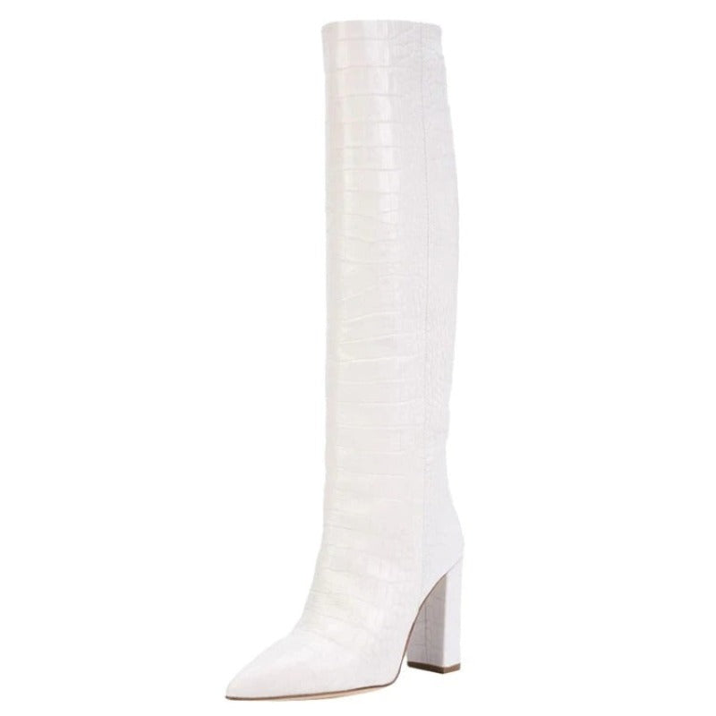 Solid Color Heeled Knee High Boots With Pointed Toe