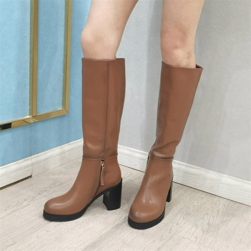 Leather Round Toe Platform Knee Boots