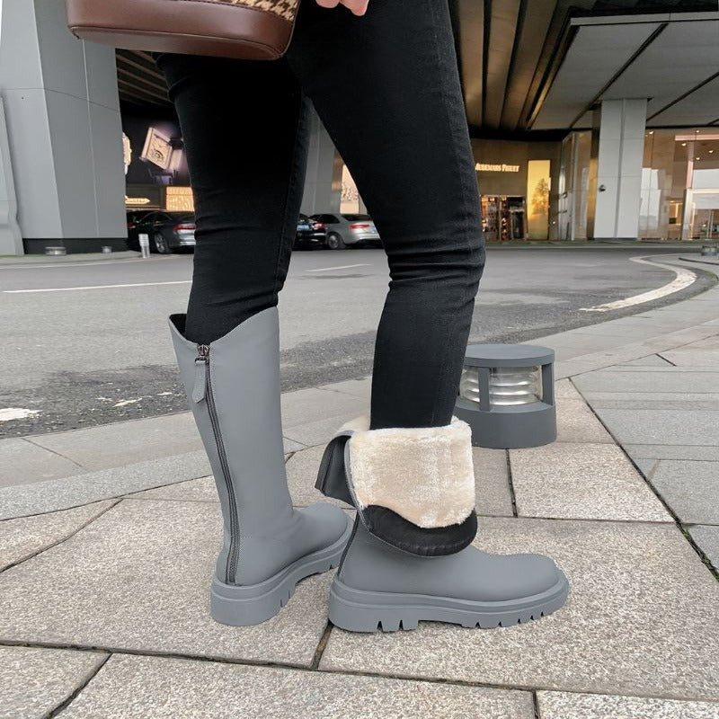 Thick Fur Warm Leather Knee High Boots With Zip