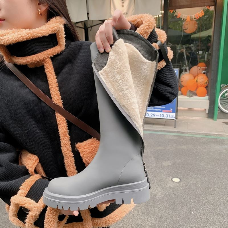 Thick Fur Warm Leather Knee High Boots With Zip