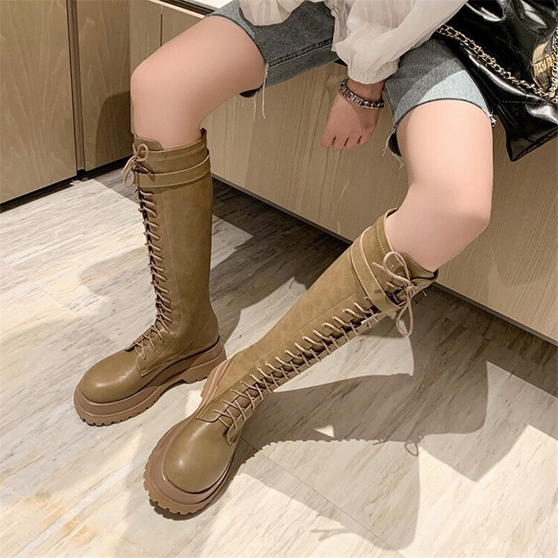 Leather Military Combat Knee High Retro Boots