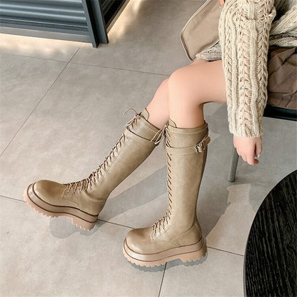 Leather Military Combat Knee High Retro Boots