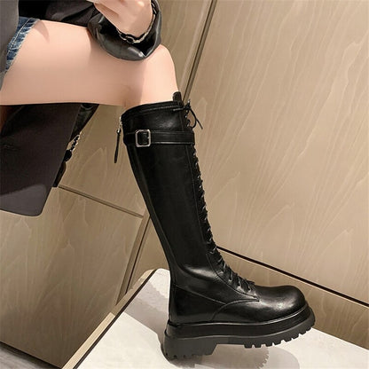 Leather Military Combat Knee High Retro Boots