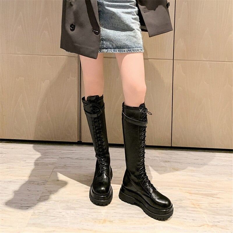 Leather Military Combat Knee High Retro Boots